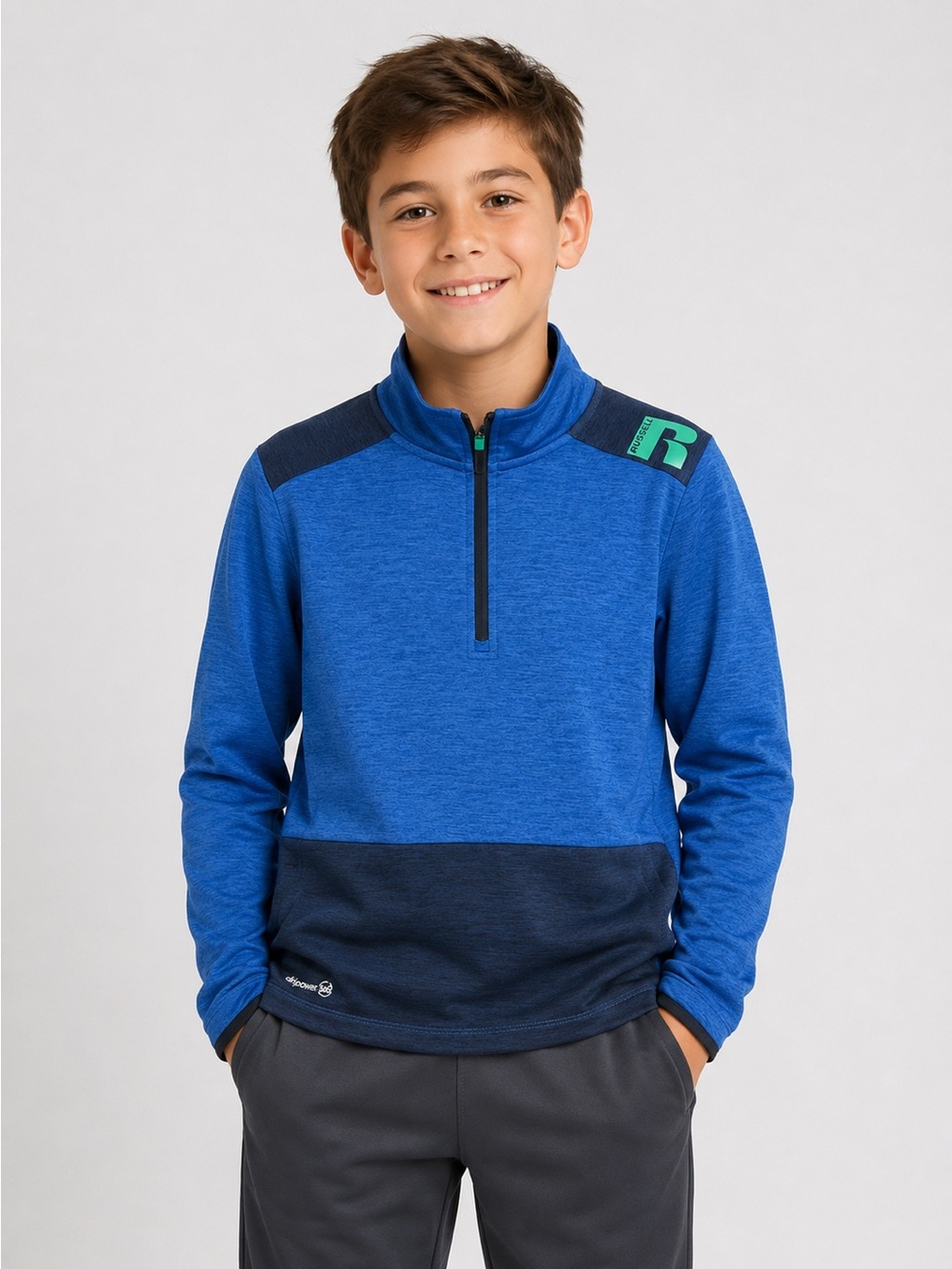 Russell Athletic Youth Zip Pullover Blue Navy Green Dripower 360 Top Large 10/12